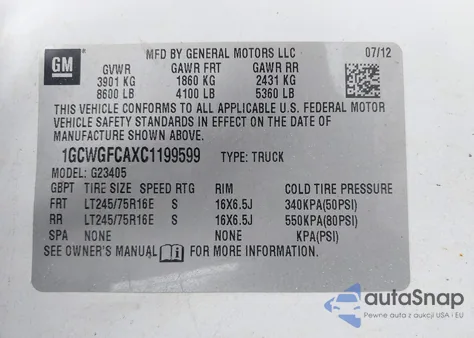 2012 Chevrolet Express 2500 Work Van from USA, damaged, VIN 1GCWGFCAXC1199599